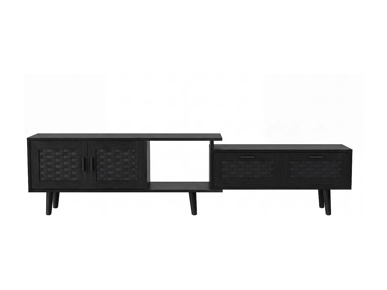 Justerbar Rattan TV-skåp med 2 lådor och 2 förvaringsdörrar - 146-180cm Svart TV-stativ