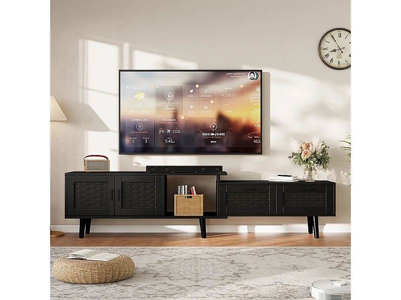 146CM/180CM Scalable Rattan TV Cabinet-TV Stands avec 2 tiroirs et 2 portes de stockage Cabinet-Salon TV Table-Noir