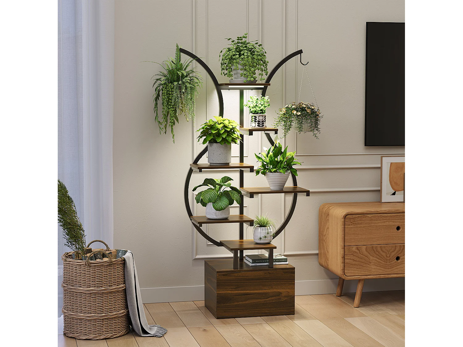 Stand de plante en forme de courbe avec lumière de croissance et crochet-stockable plante étagère-planteur multiples étagère de plante suspendue