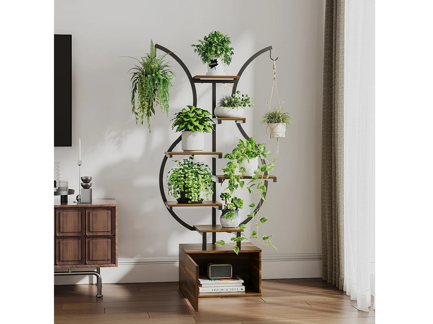 Stand de plante en forme de courbe avec lumière de croissance et crochet-stockable plante étagère-planteur multiples étagère de plante suspendue