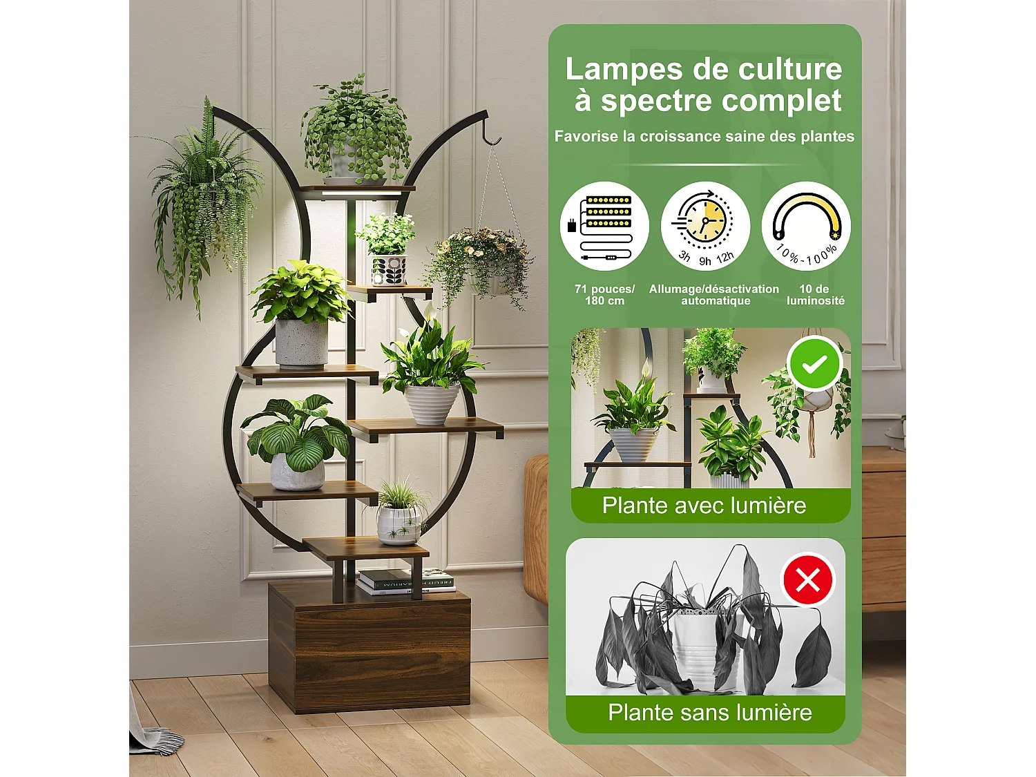 Stand de plante en forme de courbe avec lumière de croissance et crochet-stockable plante étagère-planteur multiples étagère de plante suspendue