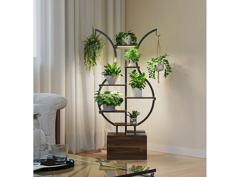 Stand de plante en forme de courbe avec lumière de croissance et crochet-stockable plante étagère-planteur multiples étagère de plante suspendue