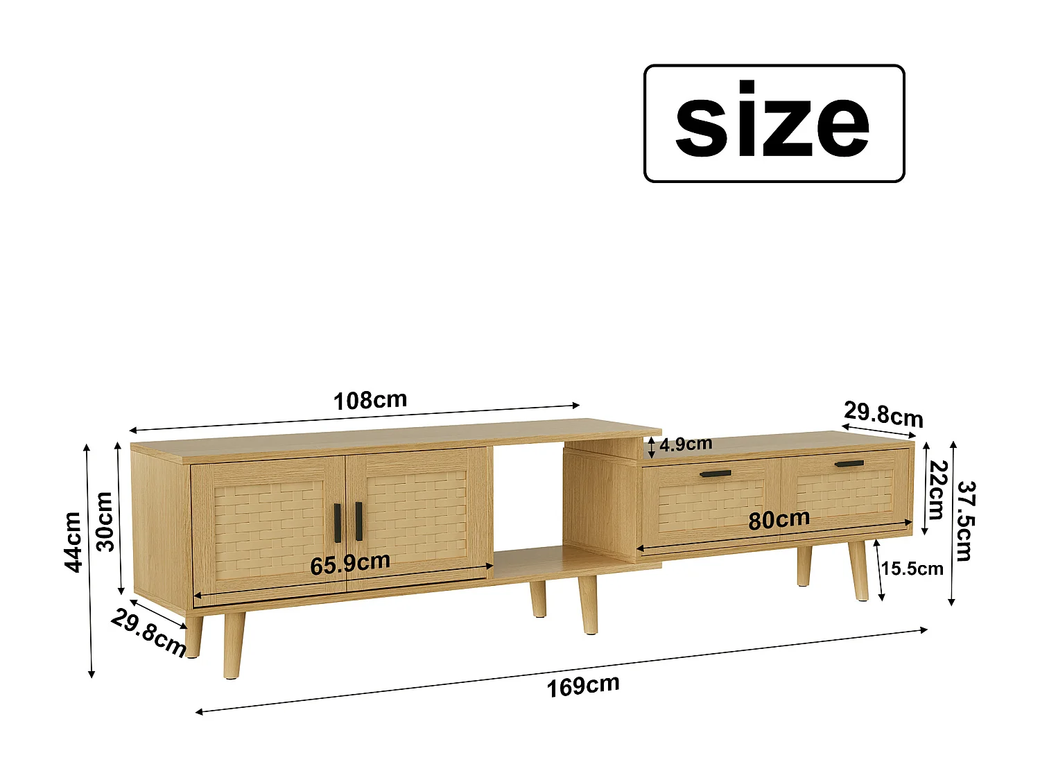 TV rétractable Stand-chêne couleur PVC Rattan TV Cabinet avec portes et tiroirs-console de stockage extensible pour le salon