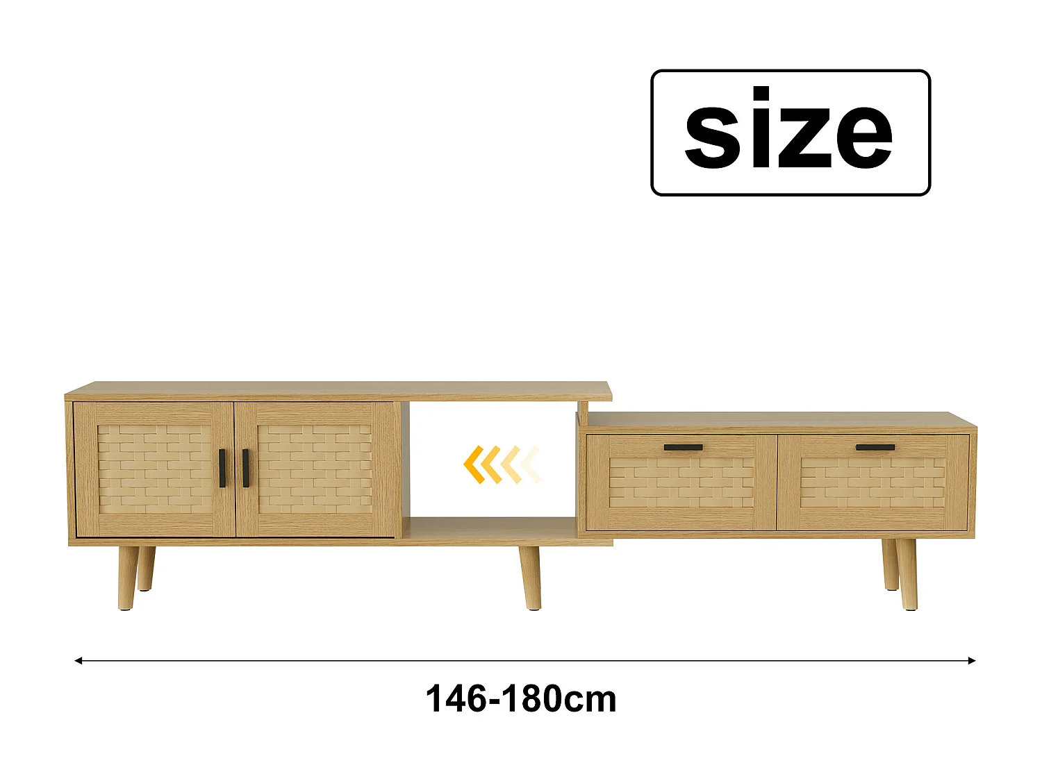 TV rétractable Stand-chêne couleur PVC Rattan TV Cabinet avec portes et tiroirs-console de stockage extensible pour le salon