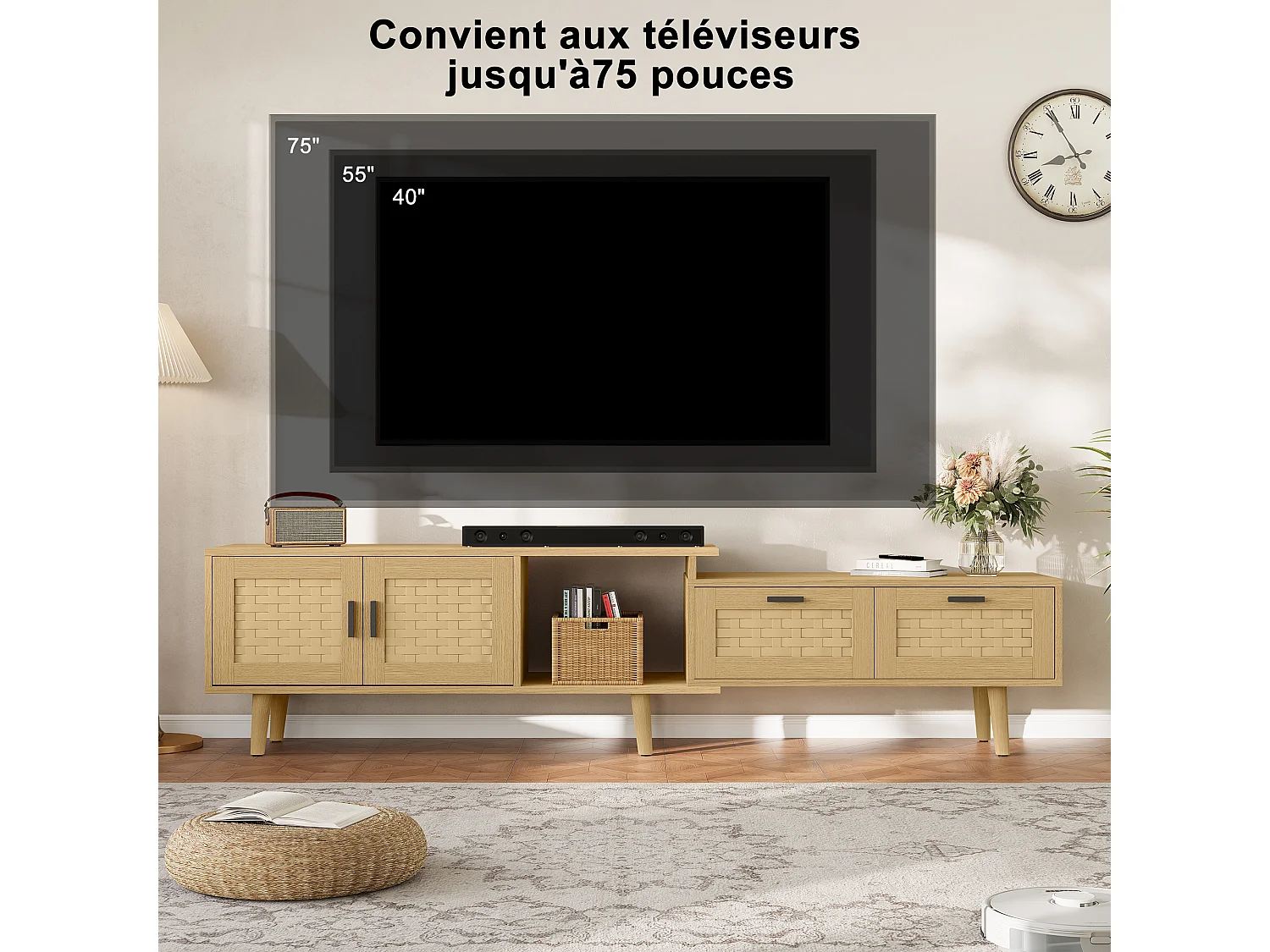 TV rétractable Stand-chêne couleur PVC Rattan TV Cabinet avec portes et tiroirs-console de stockage extensible pour le salon
