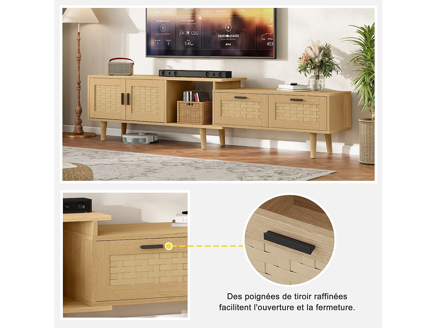 TV rétractable Stand-chêne couleur PVC Rattan TV Cabinet avec portes et tiroirs-console de stockage extensible pour le salon