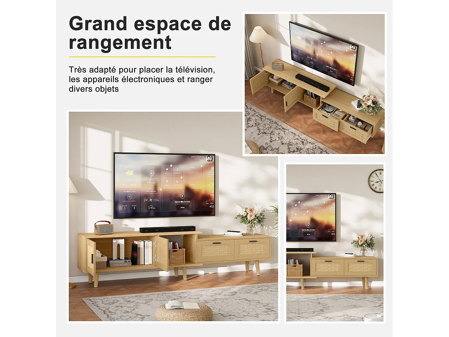 TV rétractable Stand-chêne couleur PVC Rattan TV Cabinet avec portes et tiroirs-console de stockage extensible pour le salon