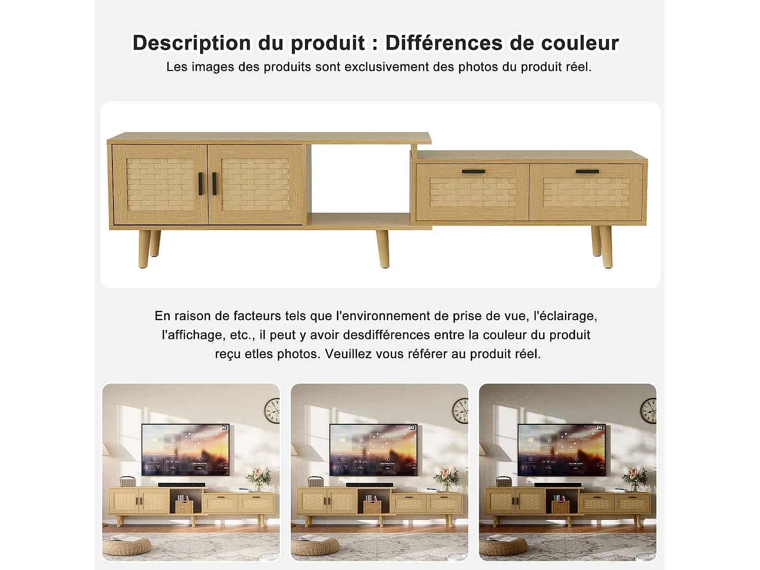 TV rétractable Stand-chêne couleur PVC Rattan TV Cabinet avec portes et tiroirs-console de stockage extensible pour le salon