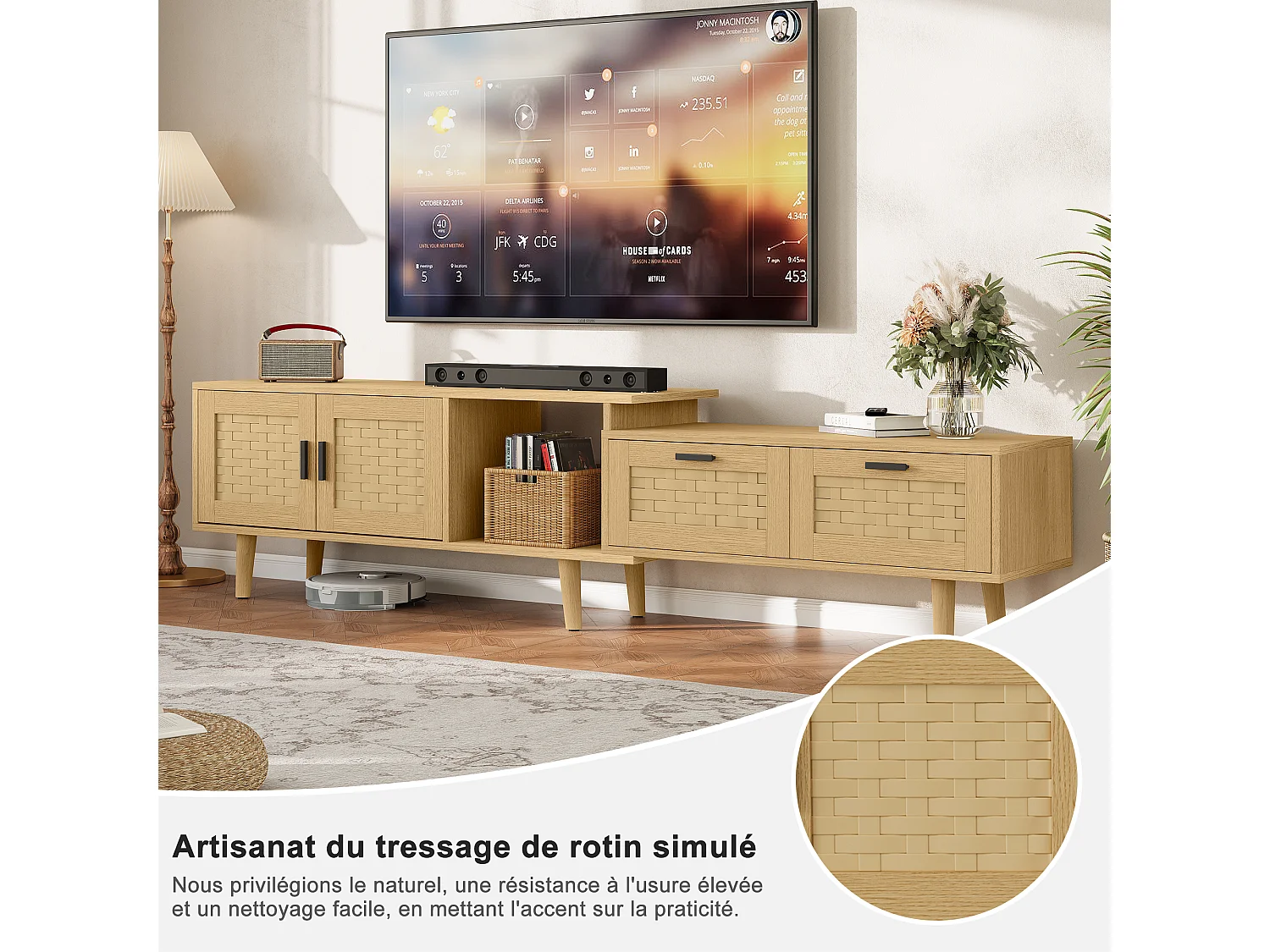 TV rétractable Stand-chêne couleur PVC Rattan TV Cabinet avec portes et tiroirs-console de stockage extensible pour le salon