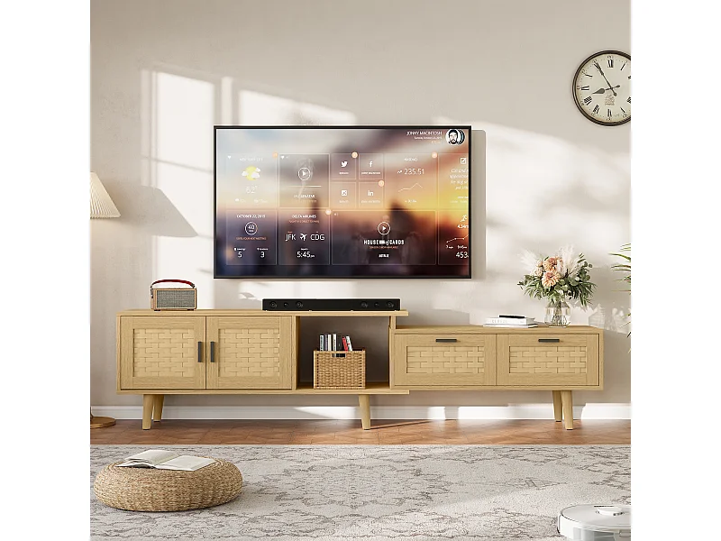 TV rétractable Stand-chêne couleur PVC Rattan TV Cabinet avec portes et tiroirs-console de stockage extensible pour le salon