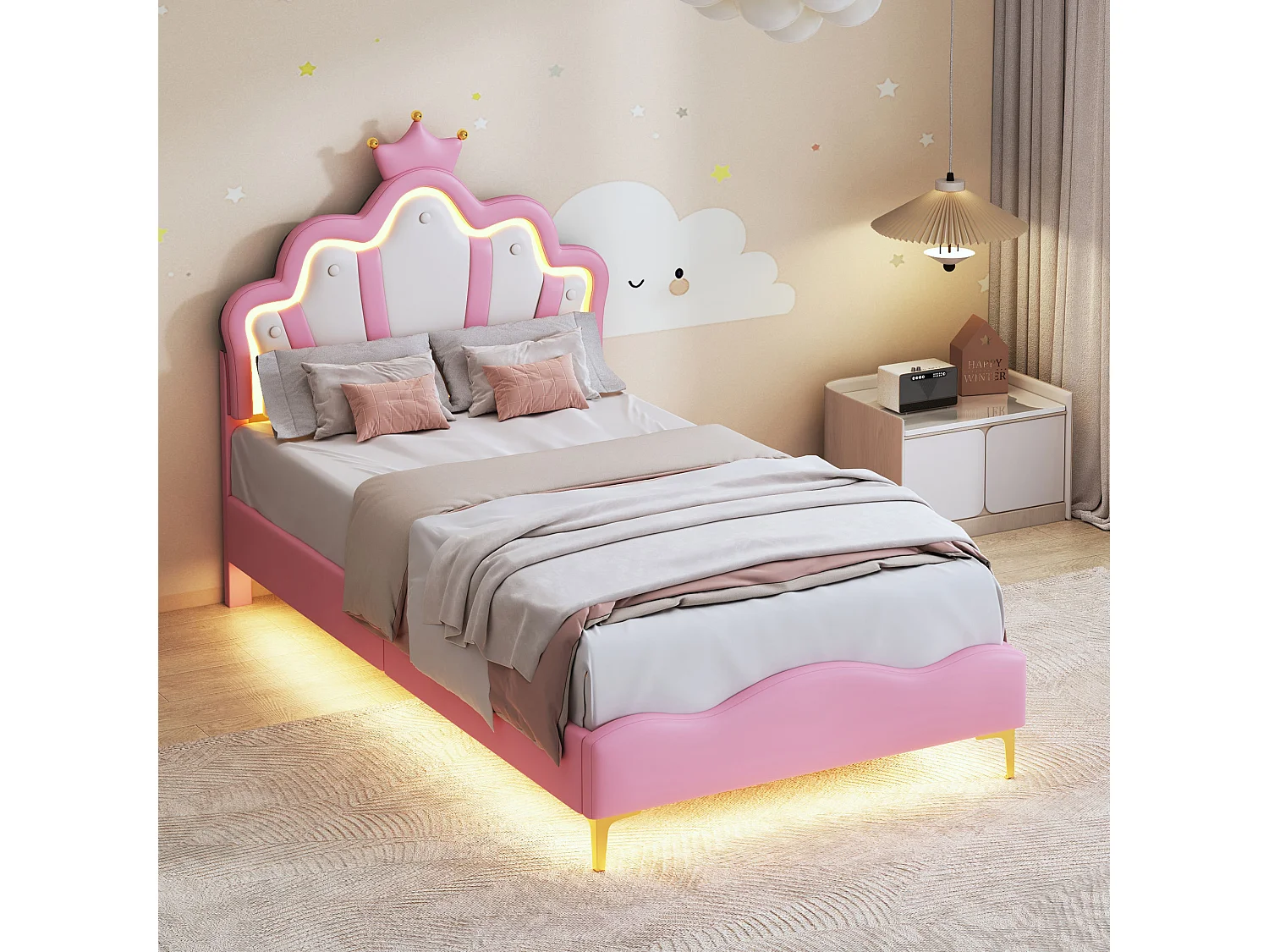 Rose couronne en forme de lit-90x200cm doux PU cuir réglable LED lumière bandes-rembourré cadre de lit pour fille