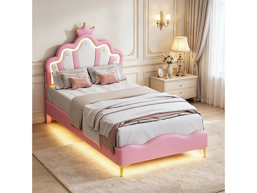 Prinsesse Pink LED Krone Polstret Børneseng 90x200cm