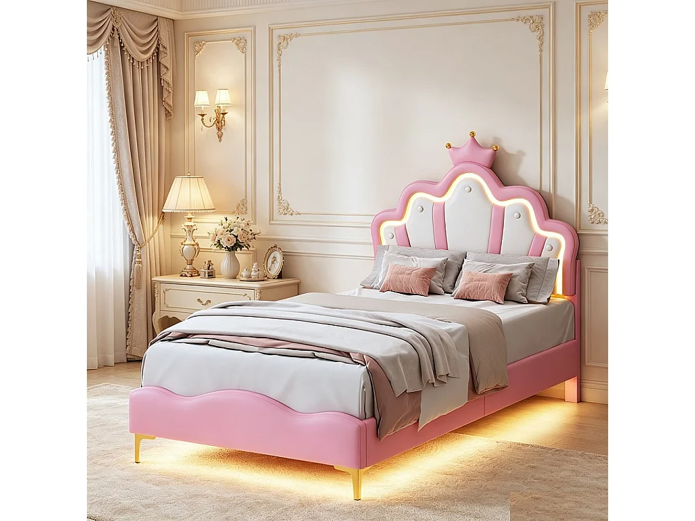 Prinsesse Pink LED Krone Polstret Børneseng 90x200cm