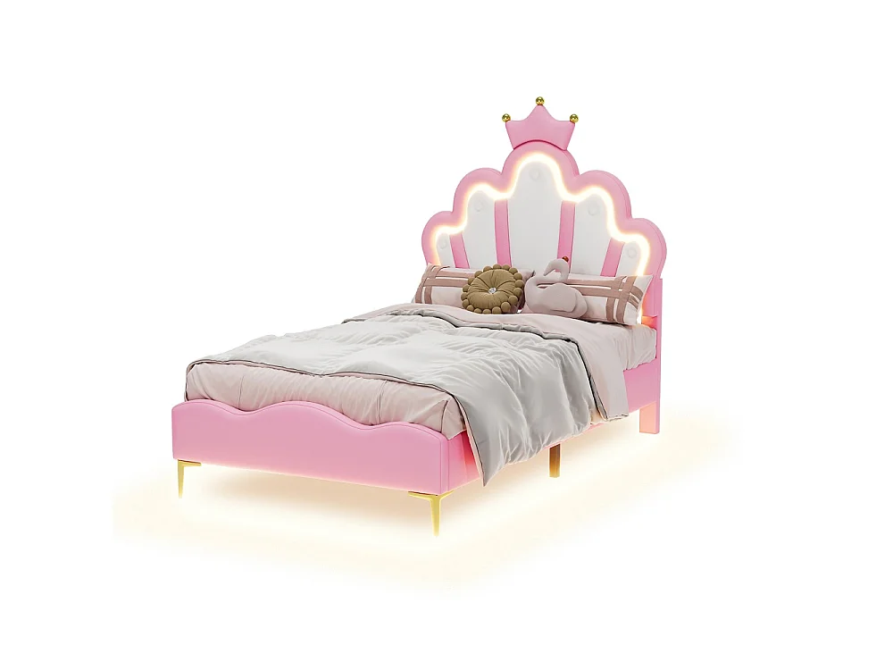 Prinsesse Pink LED Krone Polstret Børneseng 90x200cm