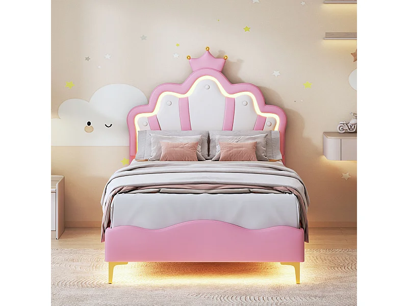 Rose couronne en forme de lit-90x200cm doux PU cuir réglable LED lumière bandes-rembourré cadre de lit pour fille