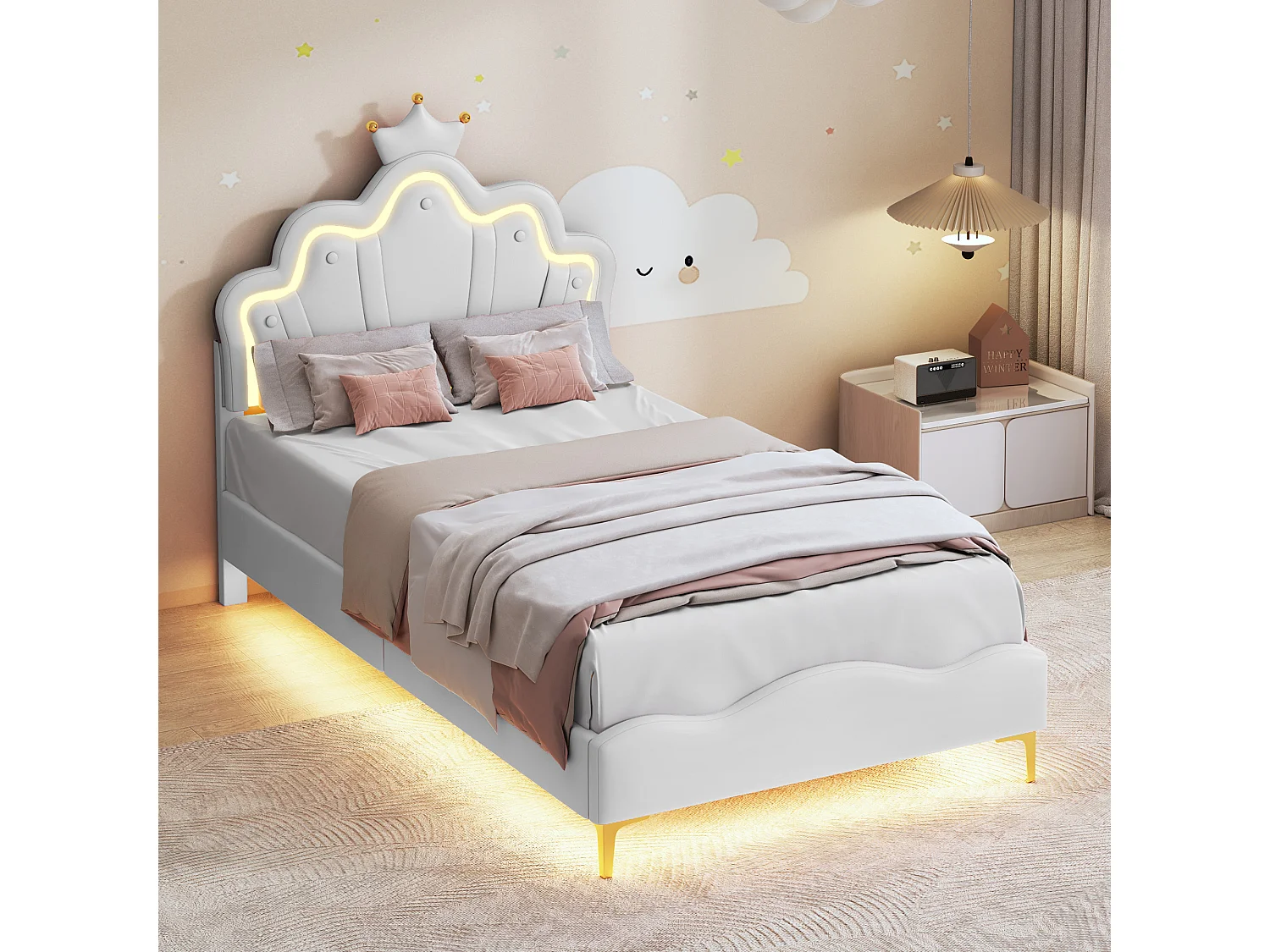 Lit princesse avec bandes de lumière LED-lit pour enfants avec forme de couronne-rembourré PU cuir lit-lit pour filles, 90/140 x 200cm-blanc