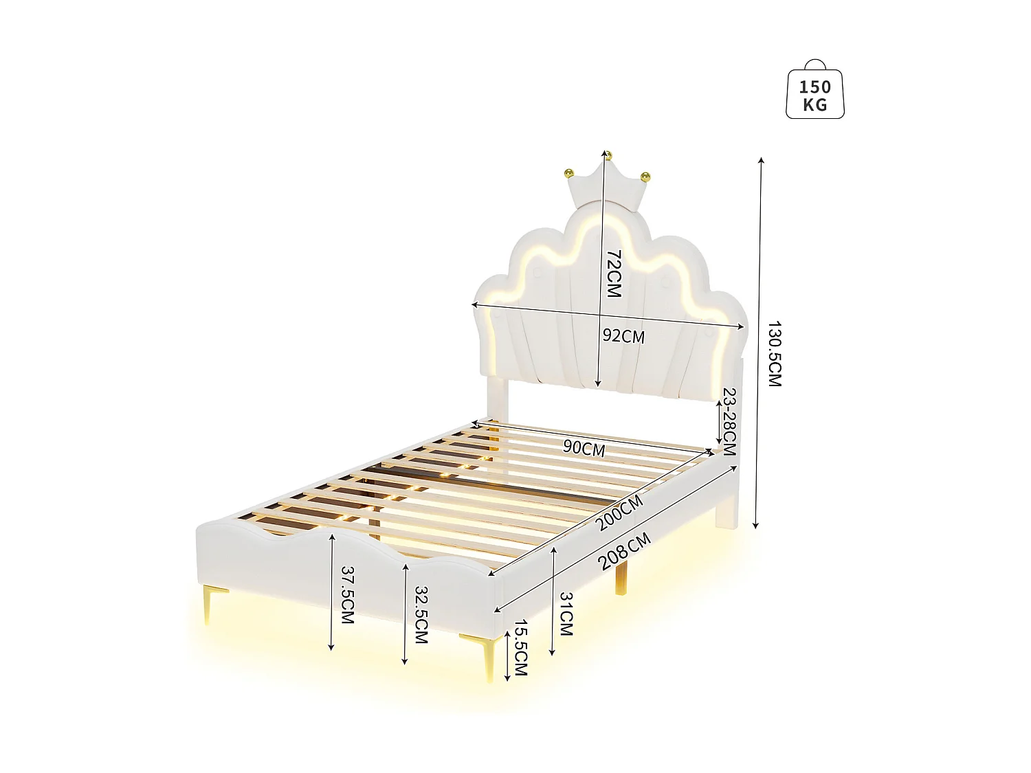 Lit princesse avec bandes de lumière LED-lit pour enfants avec forme de couronne-rembourré PU cuir lit-lit pour filles, 90/140 x 200cm-blanc