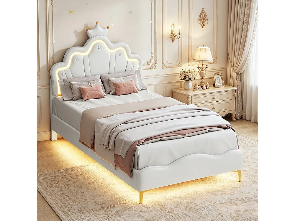 Cama infantil Princess White 90x200cm con cabecero tapizado con corona LED