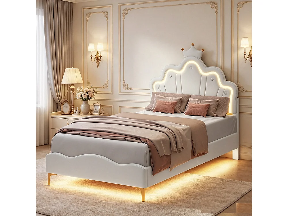 Cama infantil Princess White 90x200cm con cabecero tapizado con corona LED