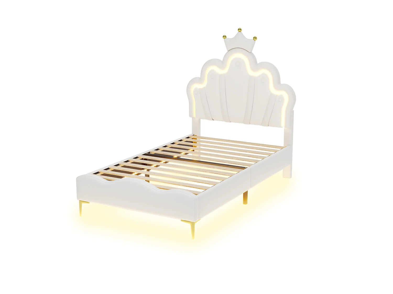 Cama infantil Princess White 90x200cm con cabecero tapizado con corona LED