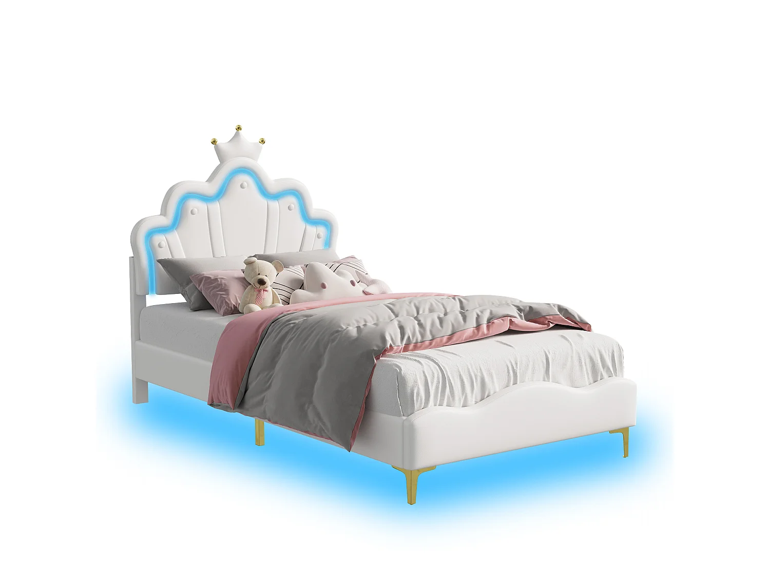 Cama infantil Princess White 90x200cm con cabecero tapizado con corona LED