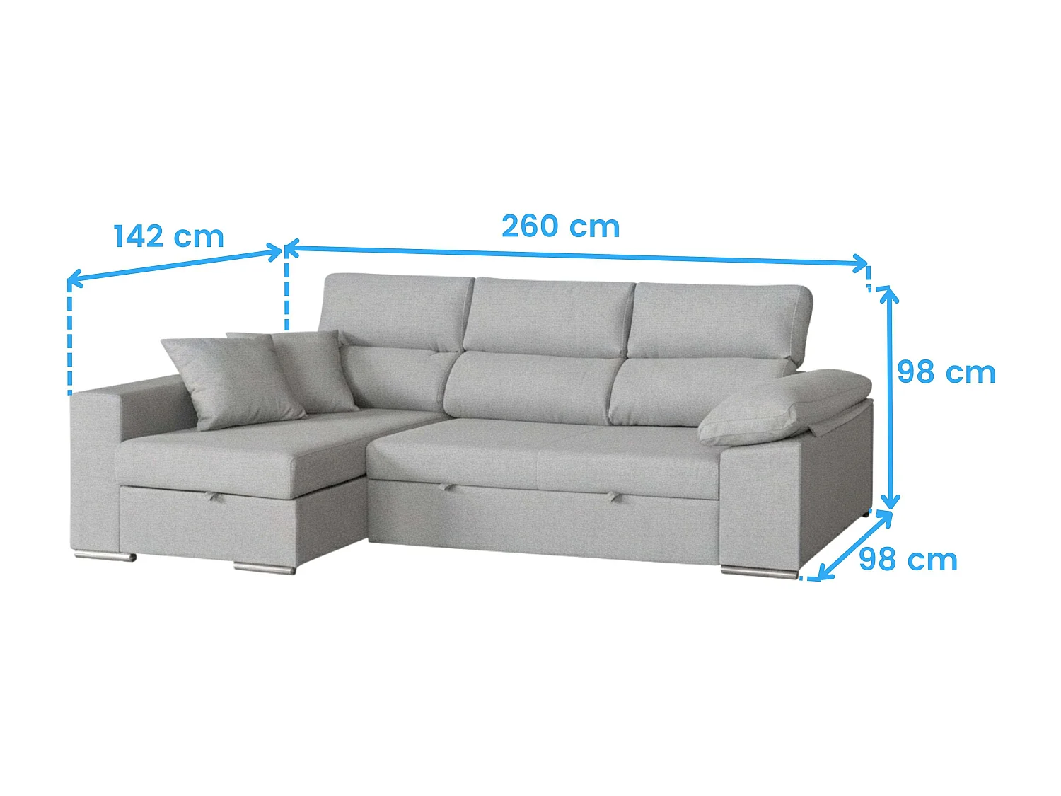 Sofá Cama chaise longue Izquierdo Milano salón 3 plazas gris claro 260x98x98 cm