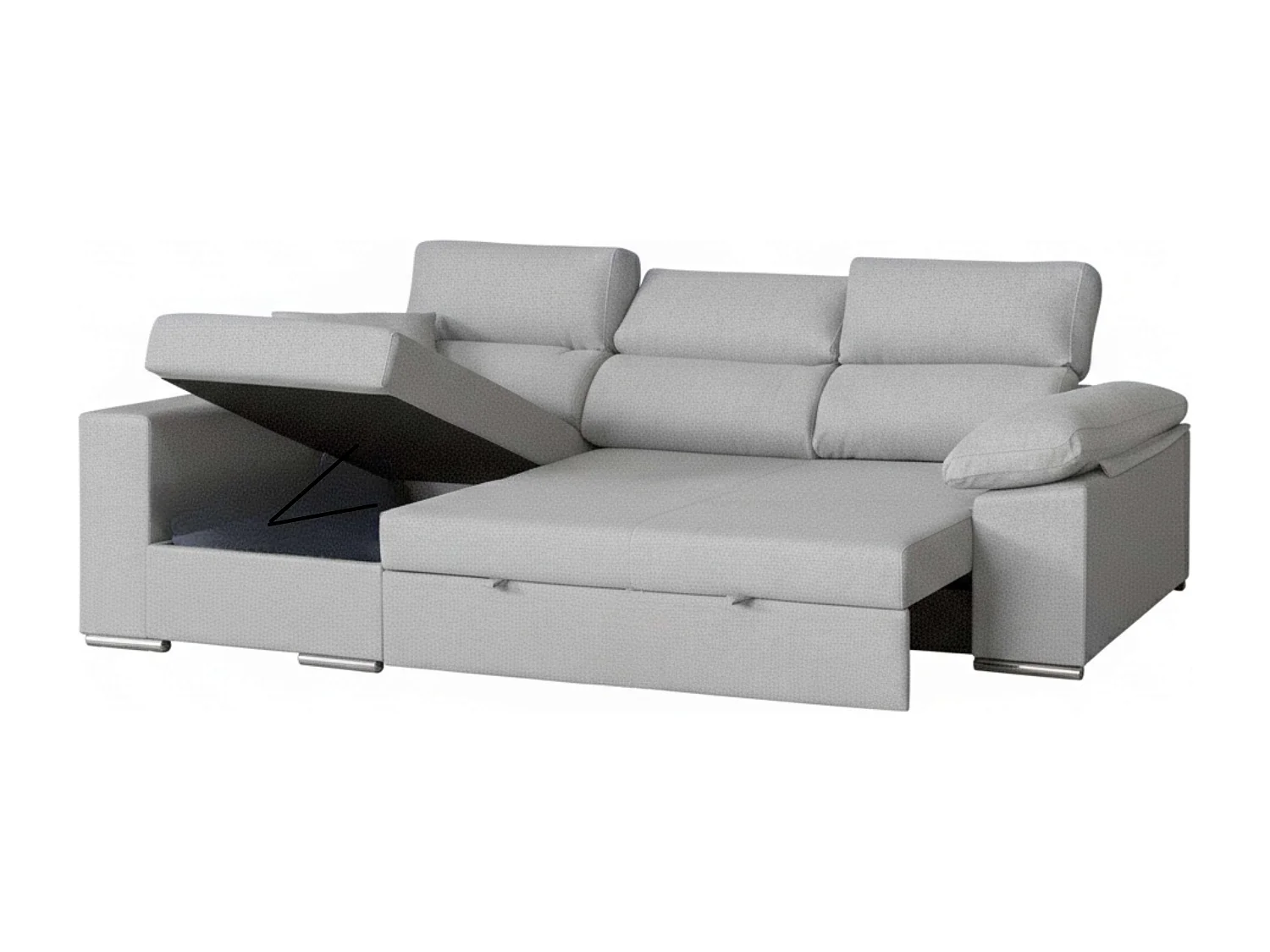 Sofá-cama Milano de 3 lugares com chaise longue à esquerda, cinza claro, 260x98x98 cm