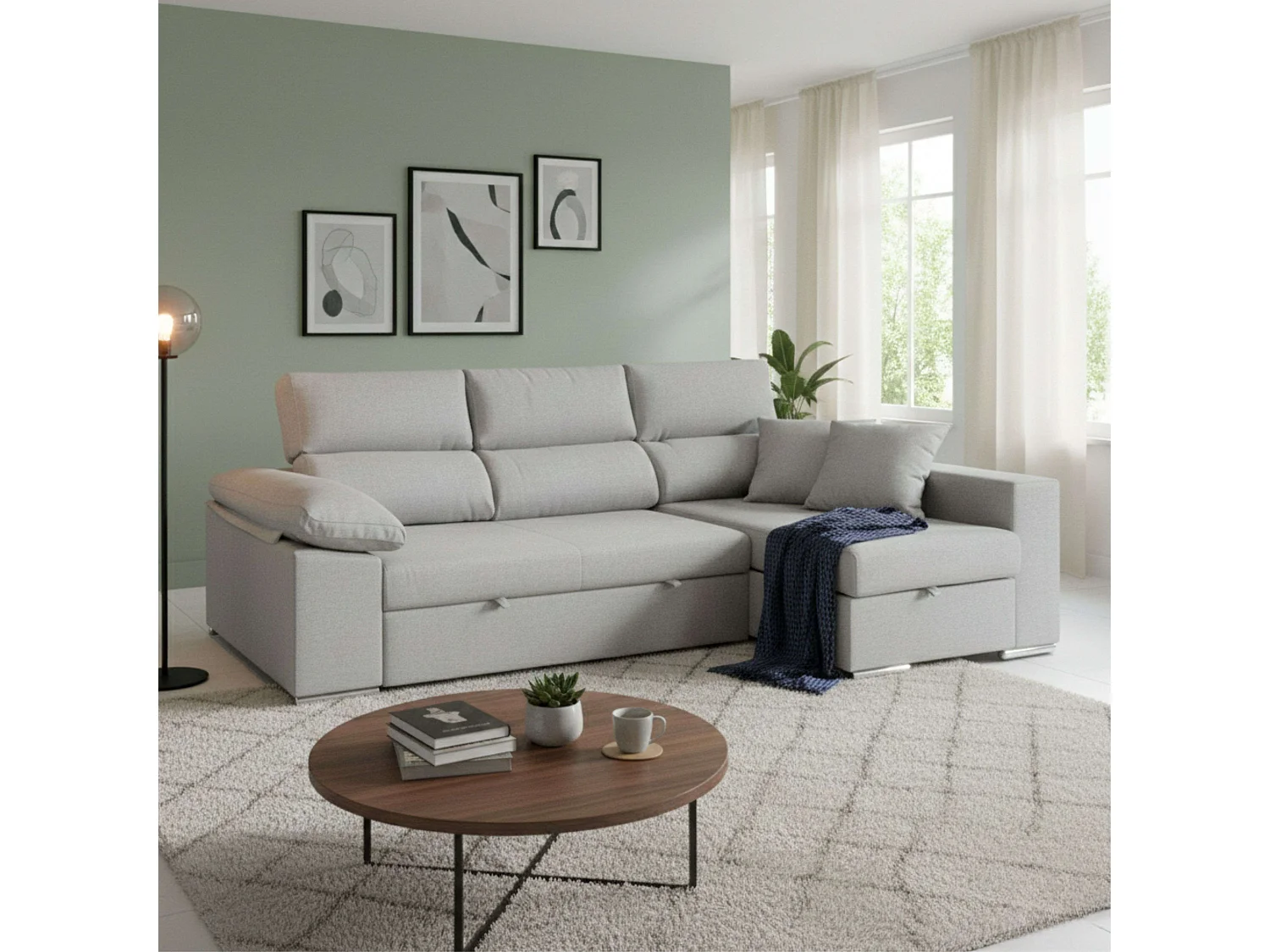 Sofá-cama com chaise longue à direita, 3 lugares, Milano cinza, 260x98x98cm