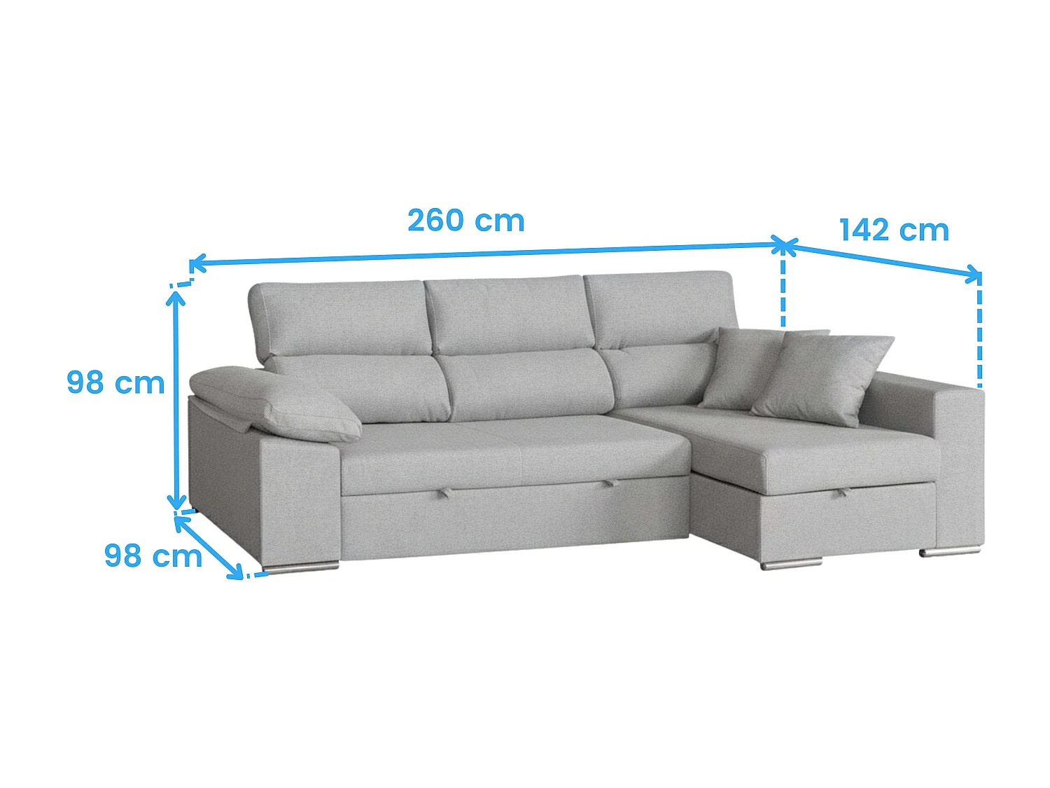 Sofá-cama com chaise longue à direita, 3 lugares, Milano cinza, 260x98x98cm