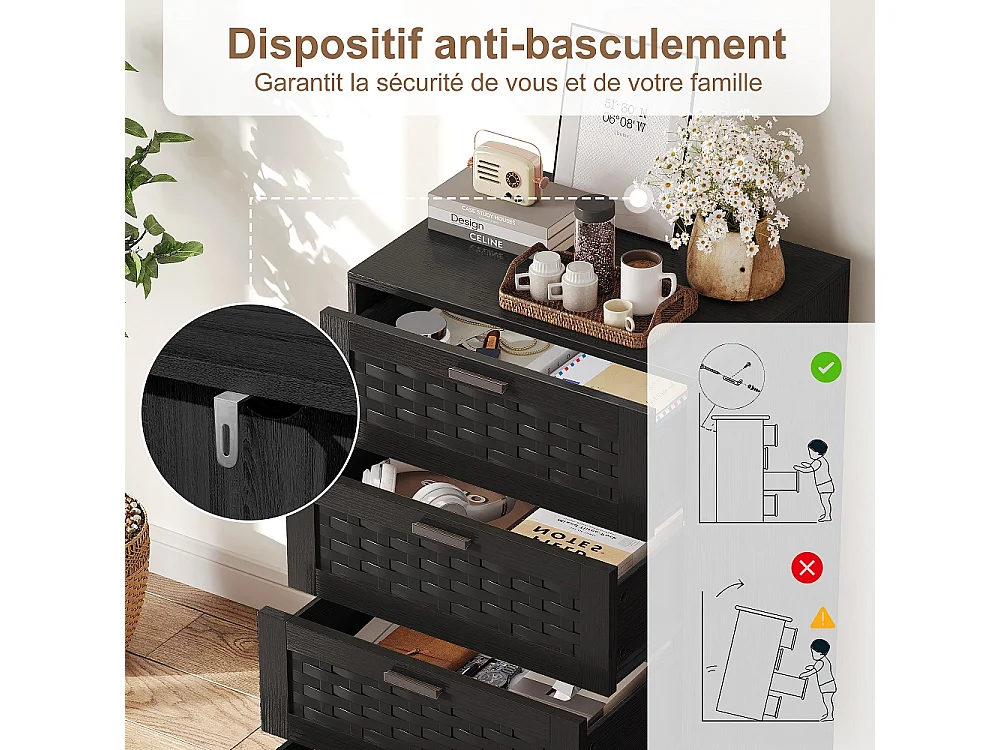 Commode avec 4 tiroirs-armoire de rangement multi-usages-placard pour chambre salon couloir cuisine-noir
