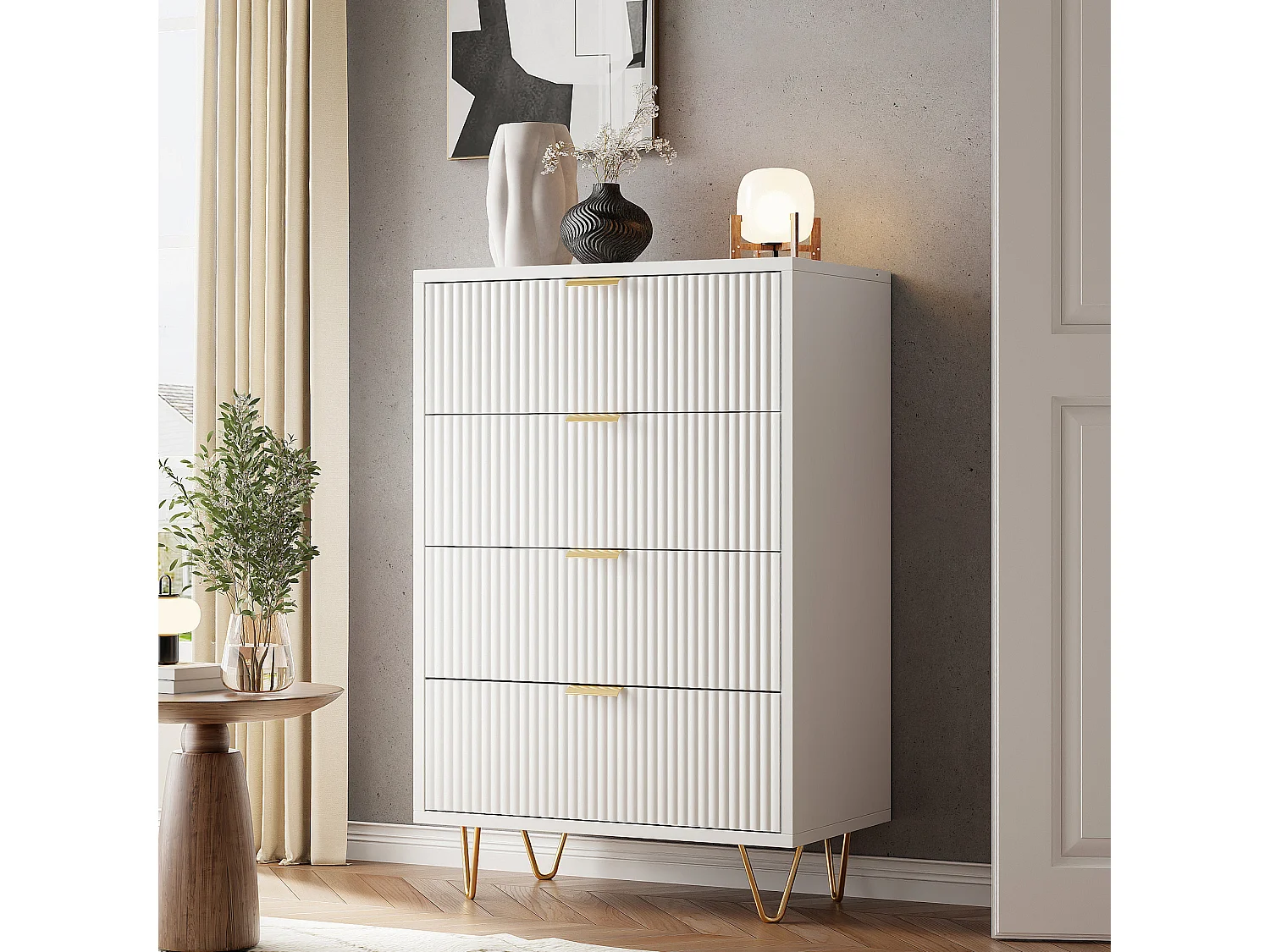 Armoire avec 4 tiroirs, commode de stockage avec pieds en métal, placard étroit pour salon chambre couloir-blanc
