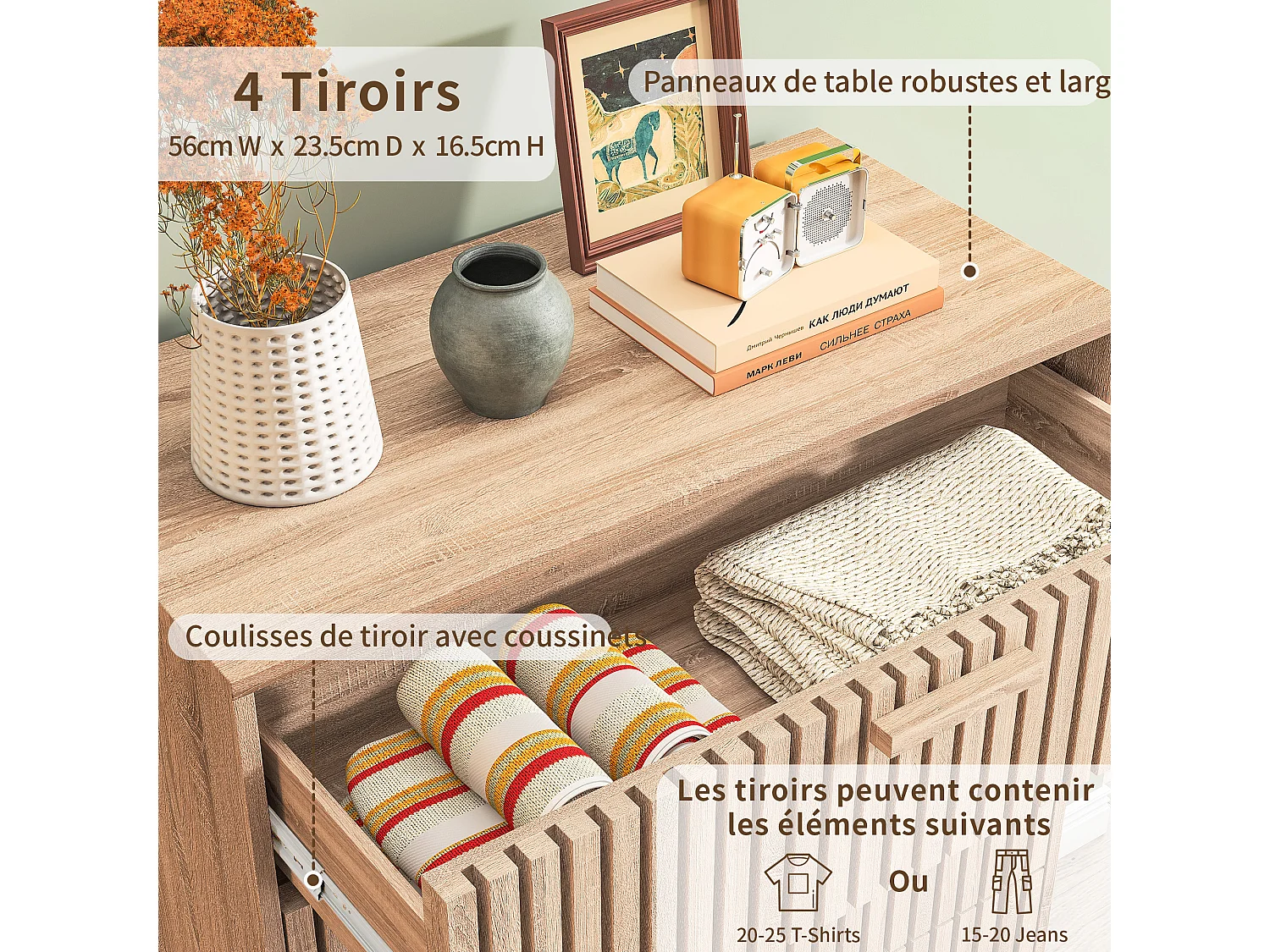 Armoires de campagne rétro avec 4 tiroirs - coffre de rangement en bois du salon - dresser de chambre