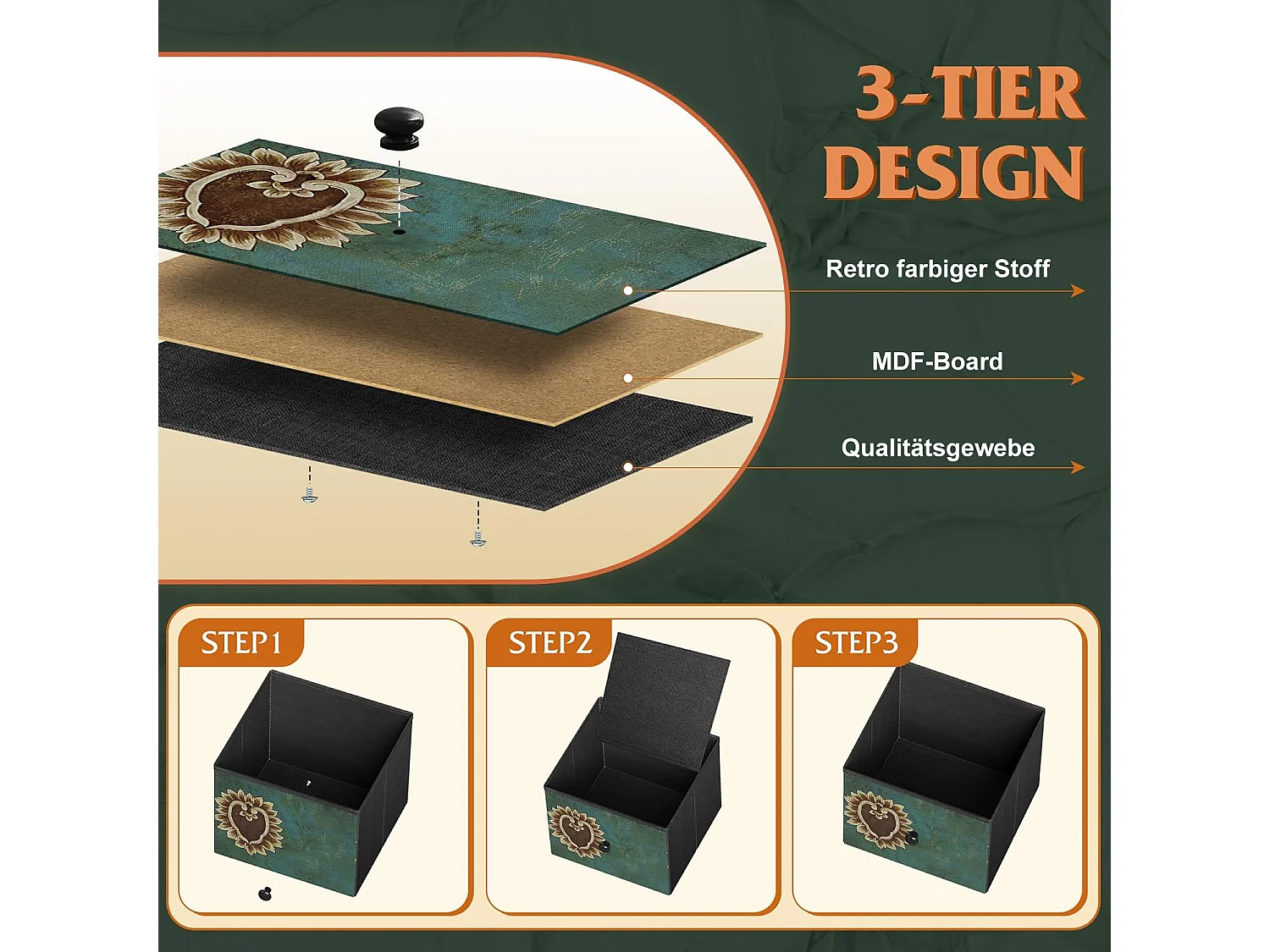 Tissu 5 tiroirs Cadre métallique Armoire de stockage à motif rétro - Boho Sideboard pour salon Chambre couloir - Stand TV