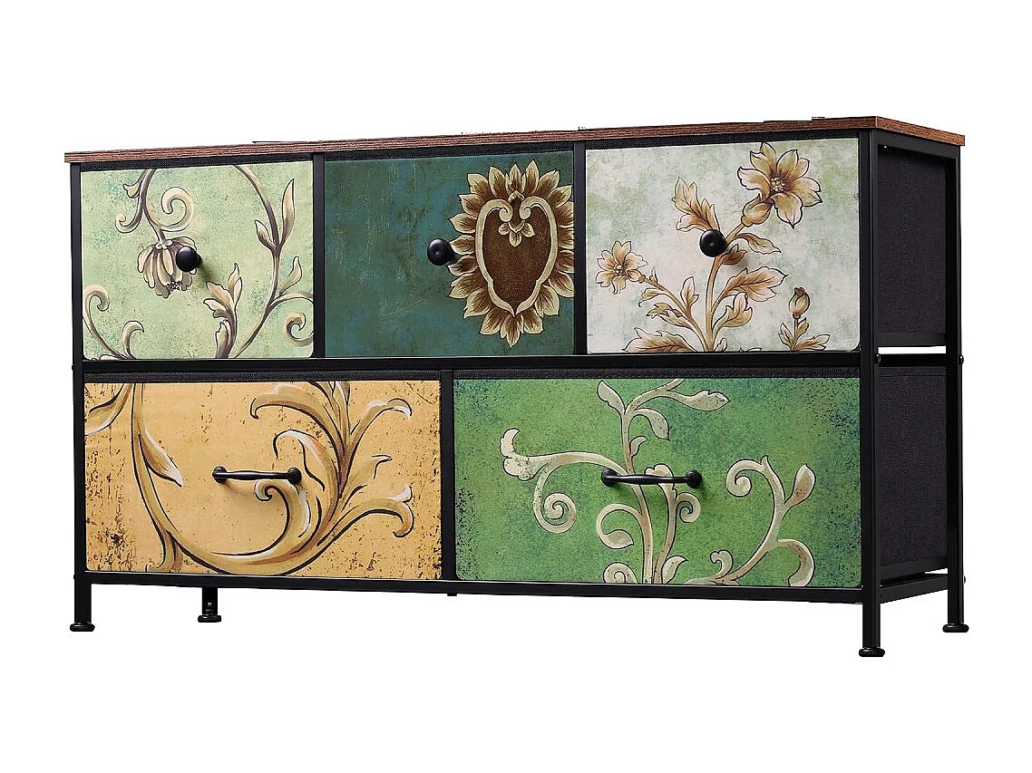 Tissu 5 tiroirs Cadre métallique Armoire de stockage à motif rétro - Boho Sideboard pour salon Chambre couloir - Stand TV