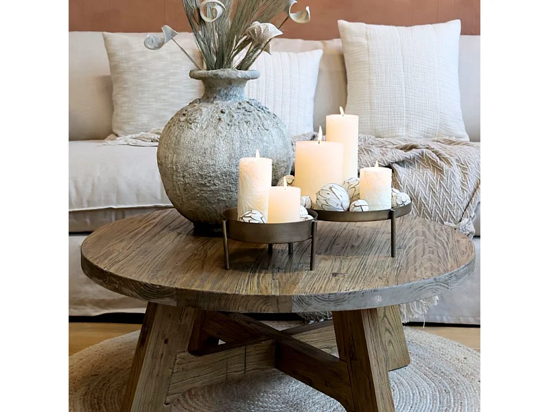 Table basse antique en bois recyclé marron Ø.90 x Ht.38 cm