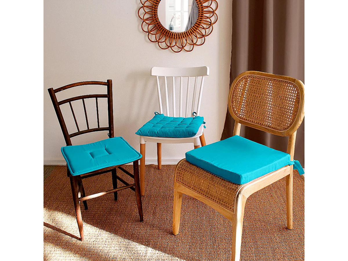 Galette de Chaise Piquée Uni "Panama" 38x38cm Turquoise