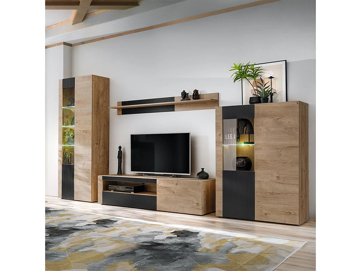 Ensemble Meuble TV Rainuré "Aron" 320cm Naturel & Noir