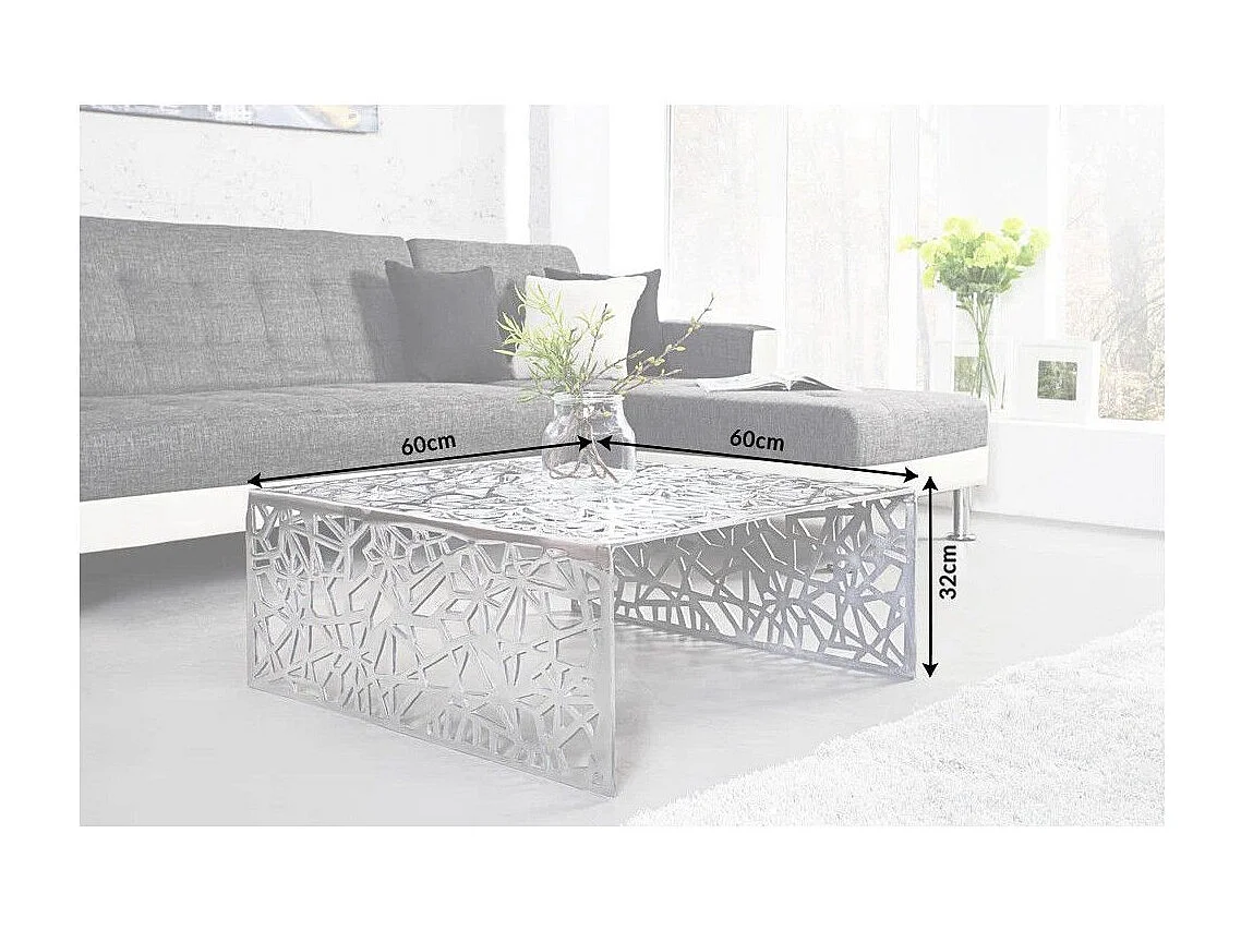 Table basse METRIX carrée 60 cm – Table basse design en aluminium argenté à motifs géométriques
