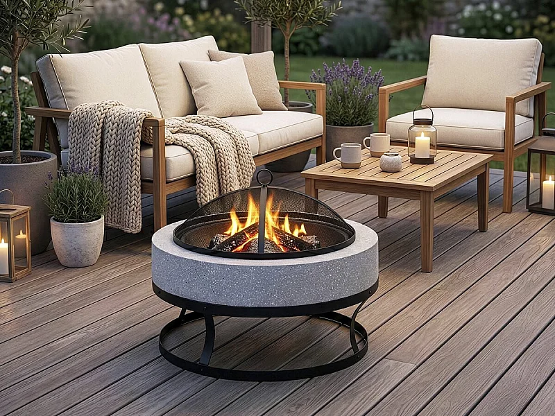 Brasero Barbacoa 2 en 1 "Torro" en Piedra Blanca 70x70x49 cm con Tapa y Atizador