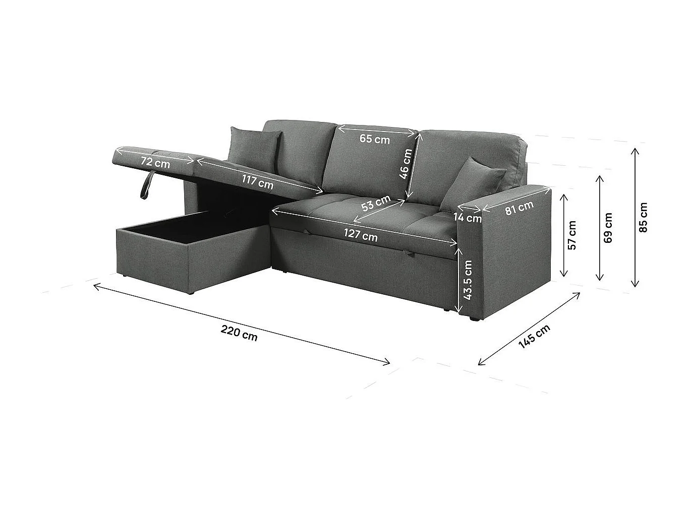 Sofá esquinero convertible 3 plazas "Alain" gris - ángulo reversible, arcón integrado, estilo bubble confortable