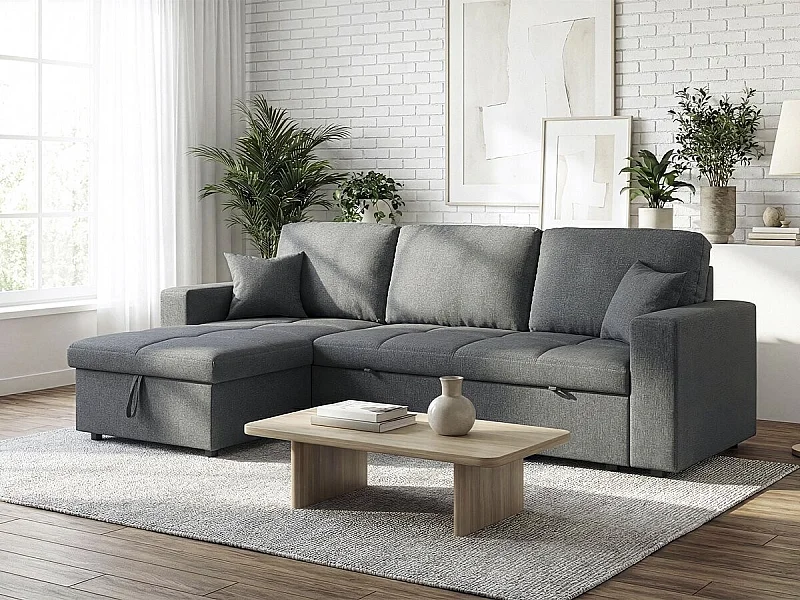 Sofá esquinero convertible 3 plazas "Alain" gris - ángulo reversible, arcón integrado, estilo bubble confortable