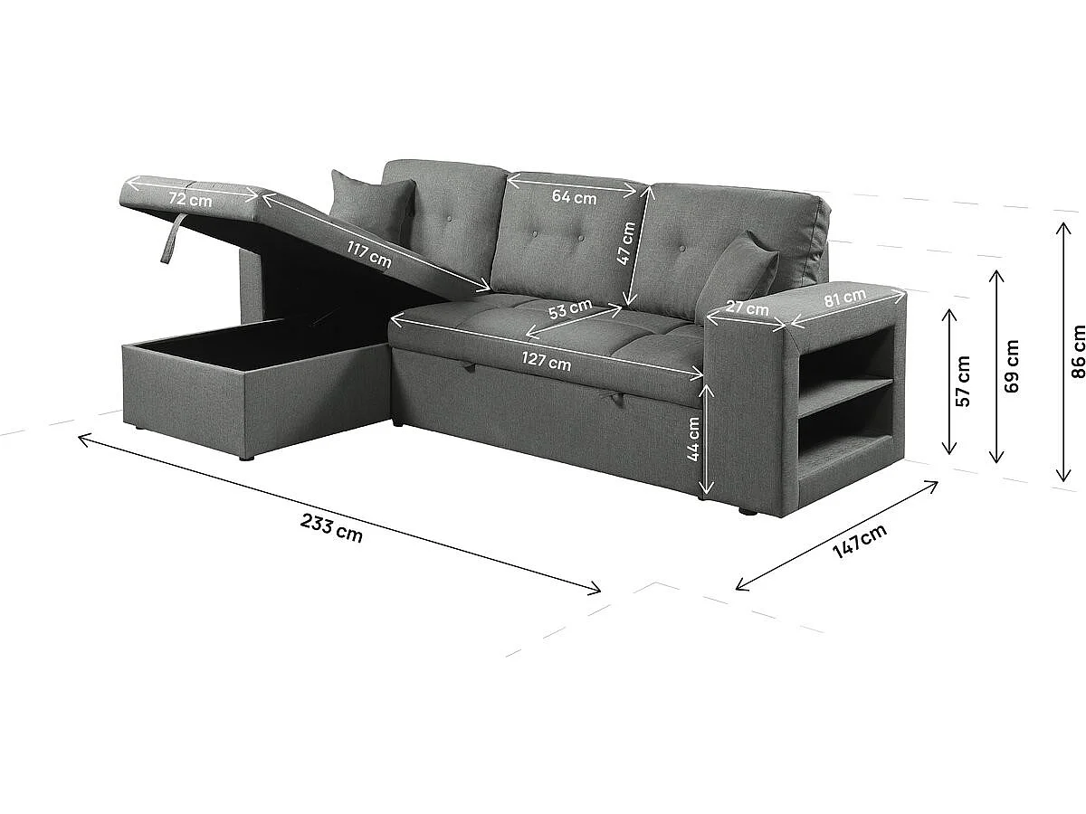 Canapé d'angle réversible convertible 3 places en tissu gris AXEL