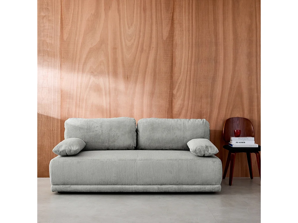 Banquette convertible 3 places velours côtelé gris clair avec coffre de rangement - L 192 x P 100 x H 81cm - Nelson