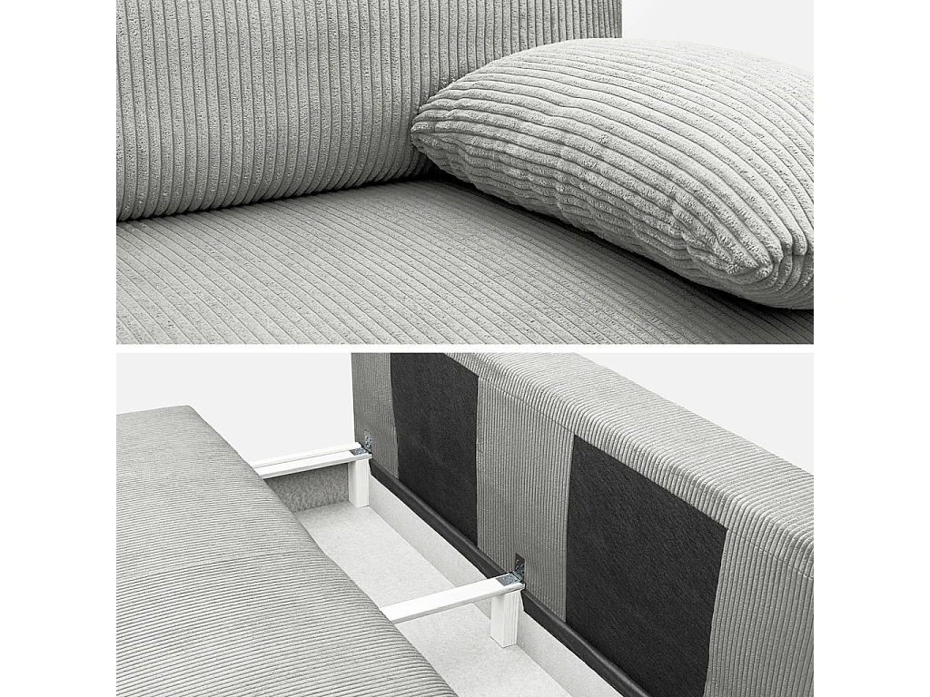 Banquette convertible 3 places velours côtelé gris clair avec coffre de rangement - L 192 x P 100 x H 81cm - Nelson