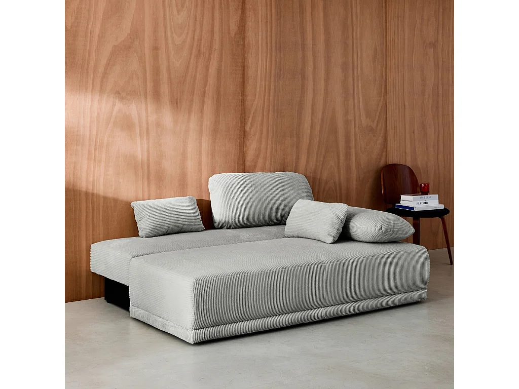 Banquette convertible 3 places velours côtelé gris clair avec coffre de rangement - L 192 x P 100 x H 81cm - Nelson