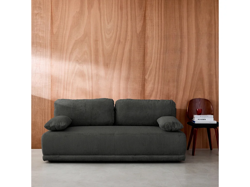 Banquette convertible 3 places velours côtelé anthracite avec coffre de rangement - L 192 x P 100 x H 81cm - Nelson