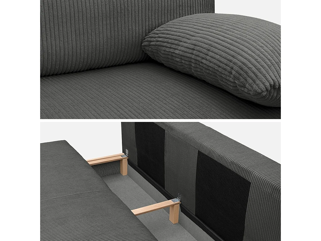 Banquette convertible 3 places velours côtelé anthracite avec coffre de rangement - L 192 x P 100 x H 81cm - Nelson