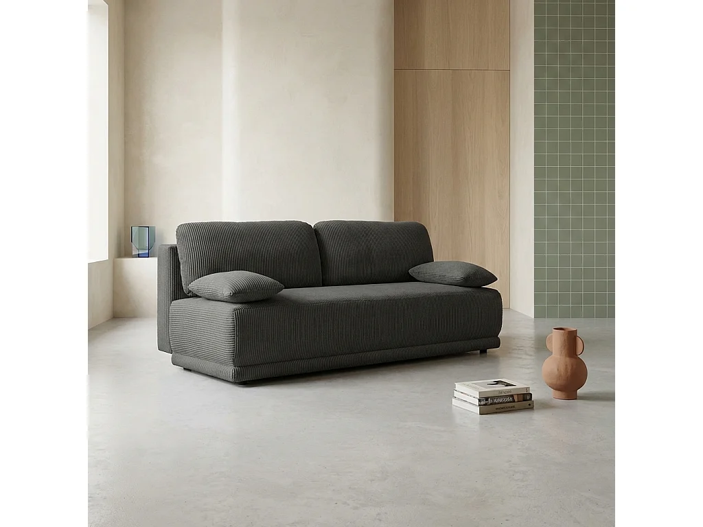 Banquette convertible 3 places velours côtelé anthracite avec coffre de rangement - L 192 x P 100 x H 81cm - Nelson