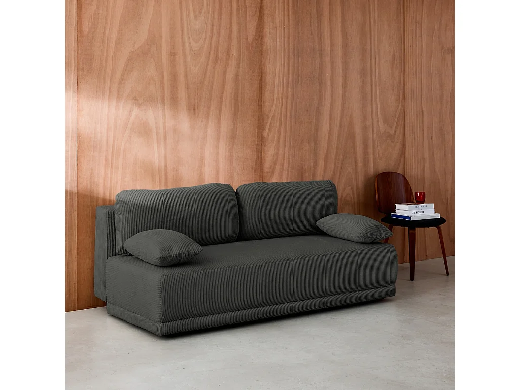 Banquette convertible 3 places velours côtelé anthracite avec coffre de rangement - L 192 x P 100 x H 81cm - Nelson