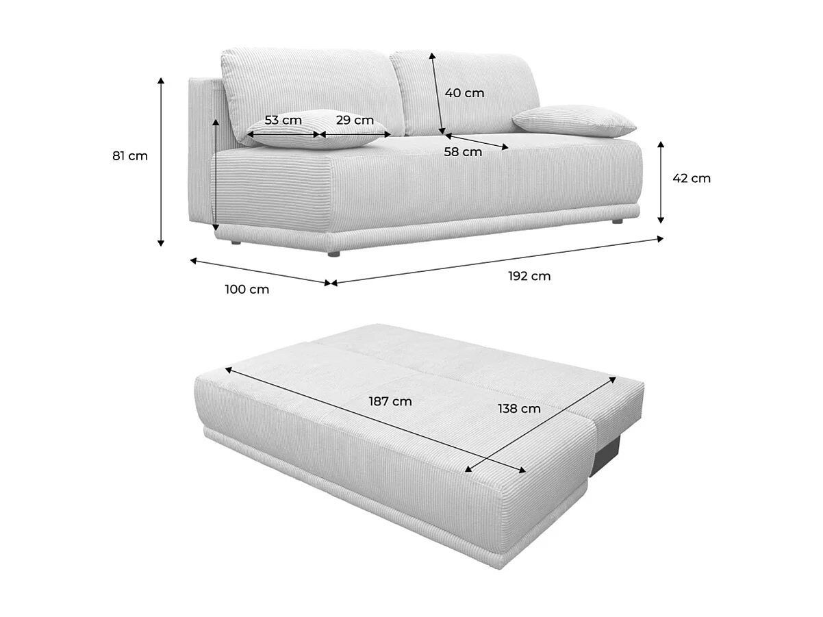 Banquette convertible 3 places velours côtelé anthracite avec coffre de rangement - L 192 x P 100 x H 81cm - Nelson